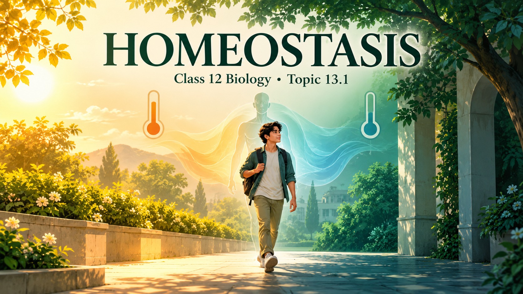 Homeostasis: original editorial illustration contrasting warm sunlight and cool shade around a student